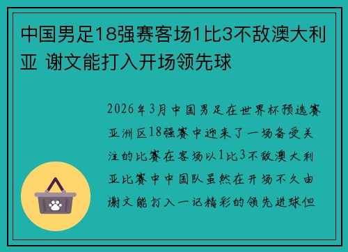 中国男足18强赛客场1比3不敌澳大利亚 谢文能打入开场领先球
