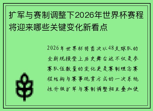 扩军与赛制调整下2026年世界杯赛程将迎来哪些关键变化新看点 扩军与赛制调整下2026年世界杯赛程将迎来哪些关键变化新看点