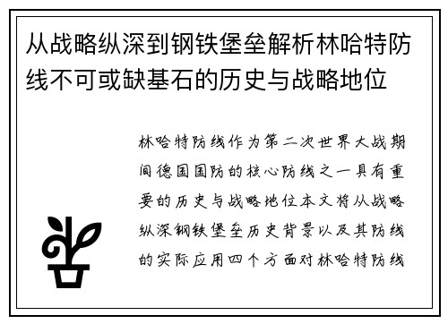 从战略纵深到钢铁堡垒解析林哈特防线不可或缺基石的历史与战略地位 从战略纵深到钢铁堡垒解析林哈特防线不可或缺基石的历史与战略地位