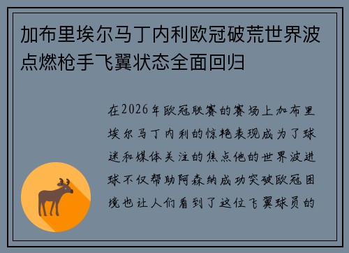 加布里埃尔马丁内利欧冠破荒世界波点燃枪手飞翼状态全面回归